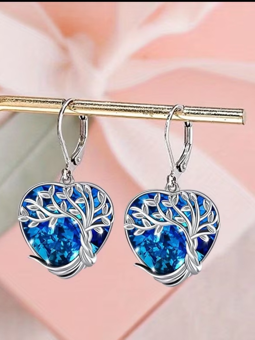 Silver Heart Tree of Life Drop Earrings with Blue Crystall - Picture 2 of 3